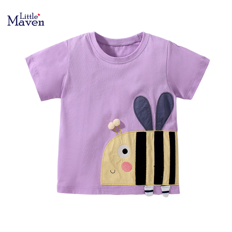 Little maven 2024 Summer Girls T Shirts Animal Bee Appliques Toddler Girls Tops Tees Clothes Purple Girls Shirts Clothing