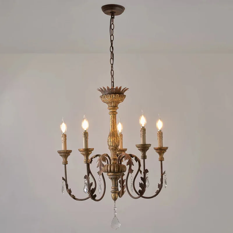 

Creative French Style Solid Wood Carving Retro Wood Art Chandelier Villa Dining Room Bedroom Corridor High-End Chandelier Light