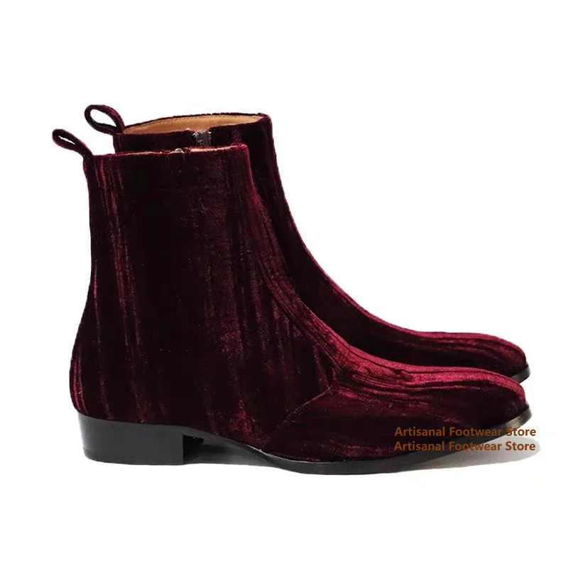 Wine Red Velvet Chelsea Boots Designer Side Zipper Height Increasing Men's Boots Trendy Handmade Custom Stylish Men Boots