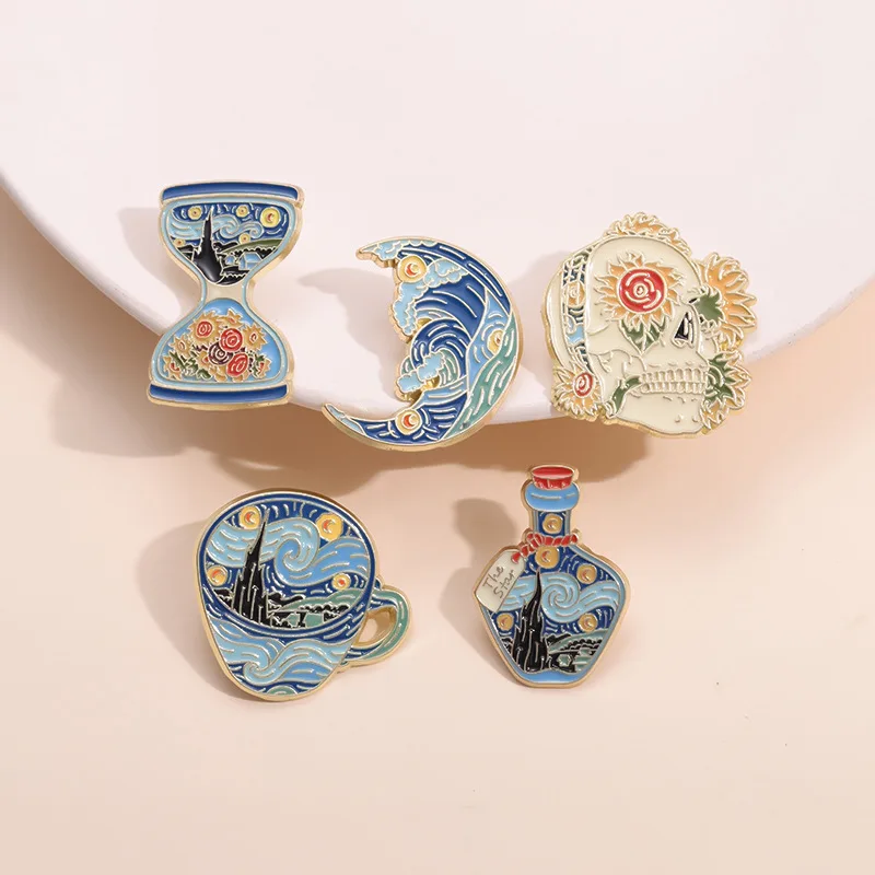 Japanese Style Cartoon Oil Painting Series Art Brooch Moon Sunflower Skull Metal Badge Pin for Friend Gift DIY Bags Hat Clothing
