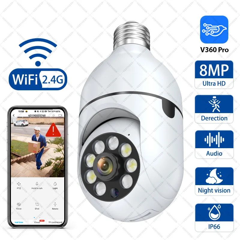 8MP E27 Bulb WIFI Camera Home Color Night Vision 4x Digital Zoom Outdoor 360degree Panoramic Ultra Clear Network Monitor Cameras