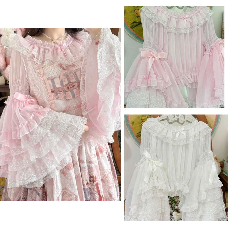 

Women Victorian Sweet Lace Bow Y2k Lolita Blouses Ruffles Flare Sleeve Shirts Japanese Kawaii Shirt Mujer Tops Dresses