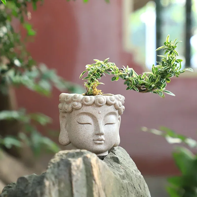 Creative Imitation Stone Resin Flower Pot, Balcony Buddha Head Potted Plant Decoration, Green Plant Gardening Flower Utensil