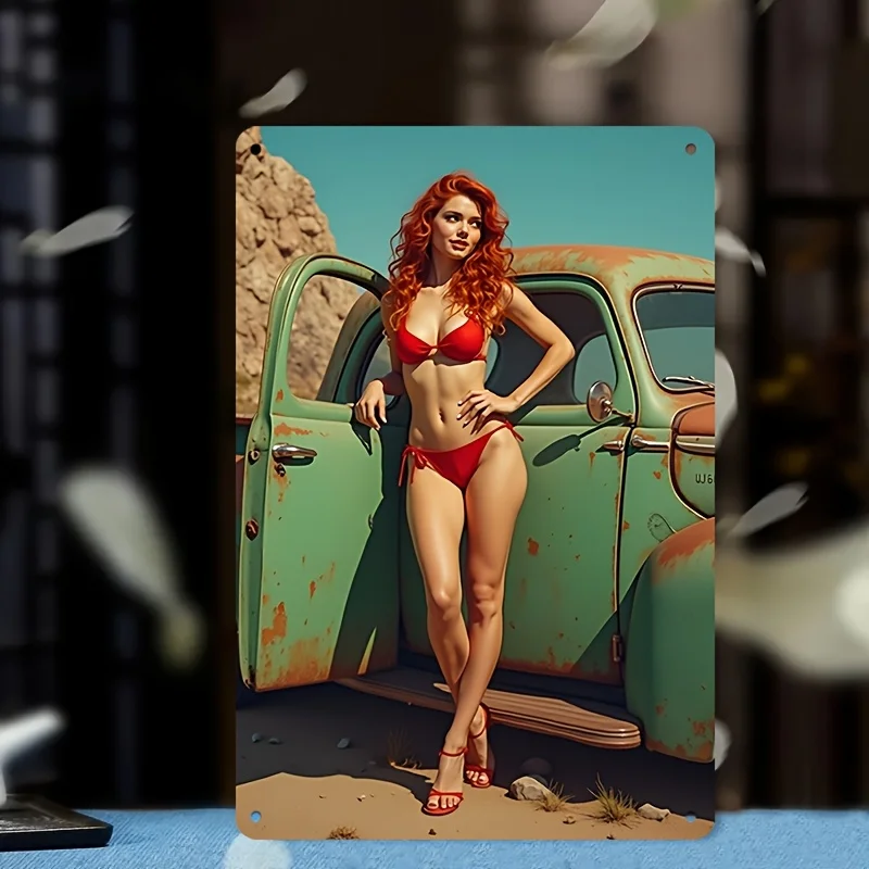 Retro Pinup Metal Sign - Vintage Redhead in Red Bikini & Green Classic Car Wall Art, Durable Garage Decor for Bar, Man Cave, Ca