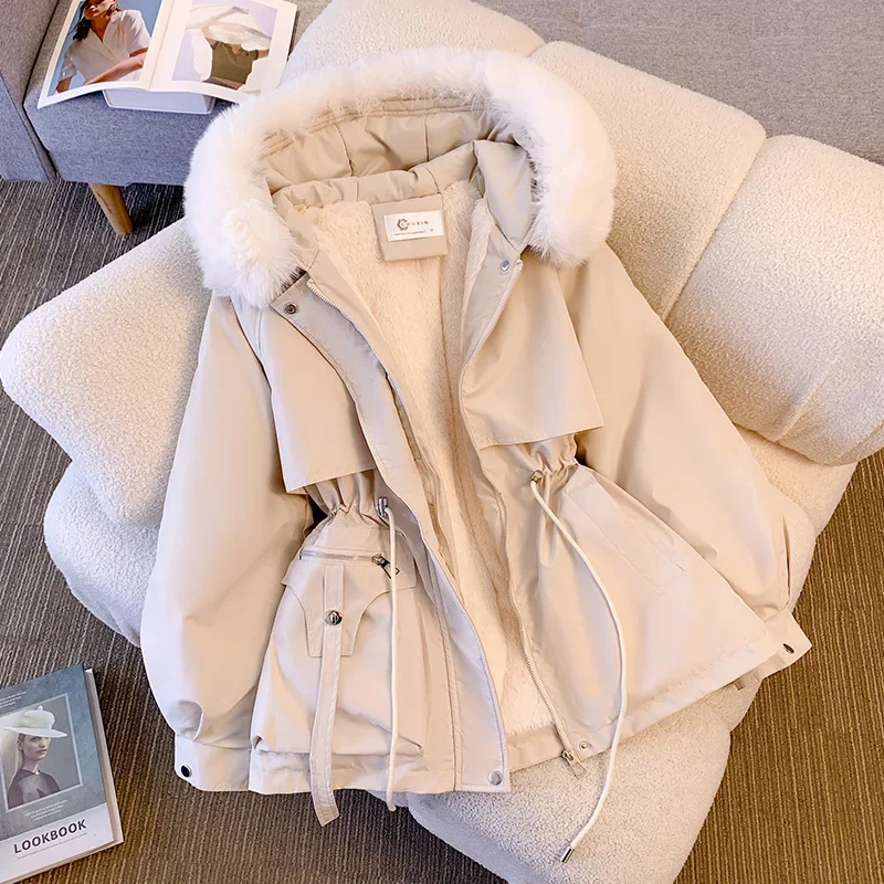 Women Parkas Hooded Fur Collar Drawstring Tight High Waist Coats Thick Warm Parka Zipper Autumn Winter Casual Slim Y2k Jackets