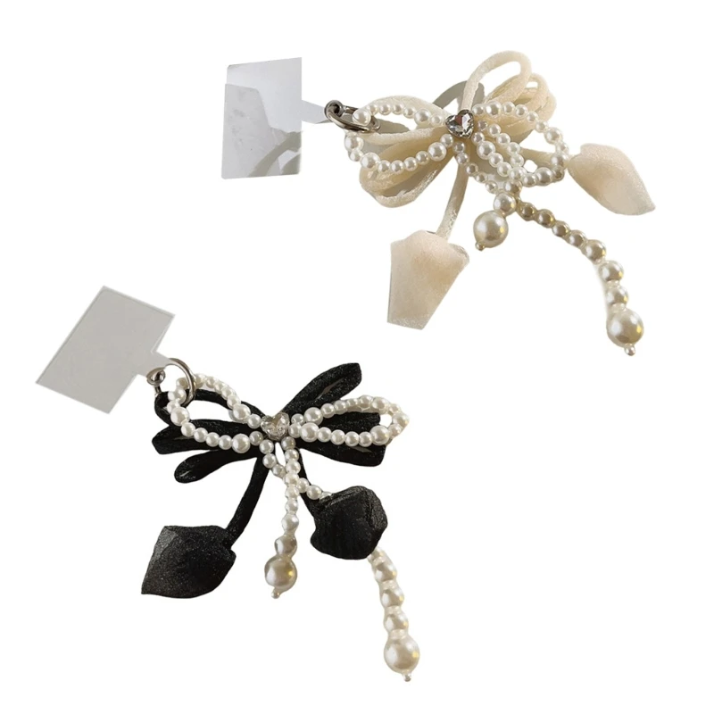 Lace Bowknot Phone Chain with Faux Pearls Bead Butterfly Knot Cellphone Pendant Stylish Smartphones and Purses Ornament