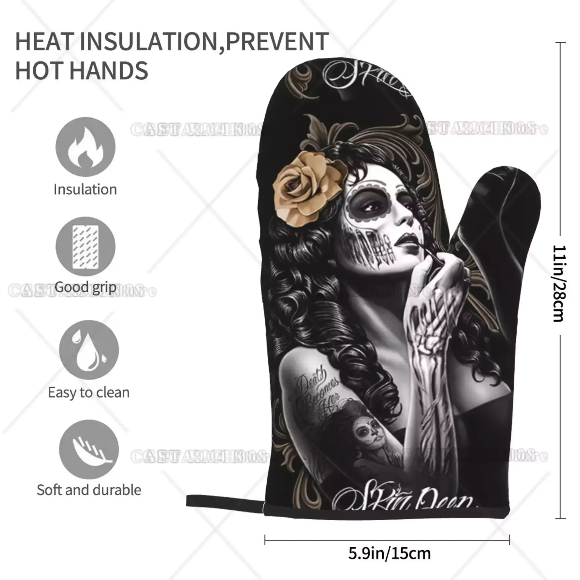 Sexy Women Skull Halloween Oven Gloves 2pcs Microwave Gloves Oven Gloves Heat Resistant Oven Mitts for Kitchen Bbq Cooking