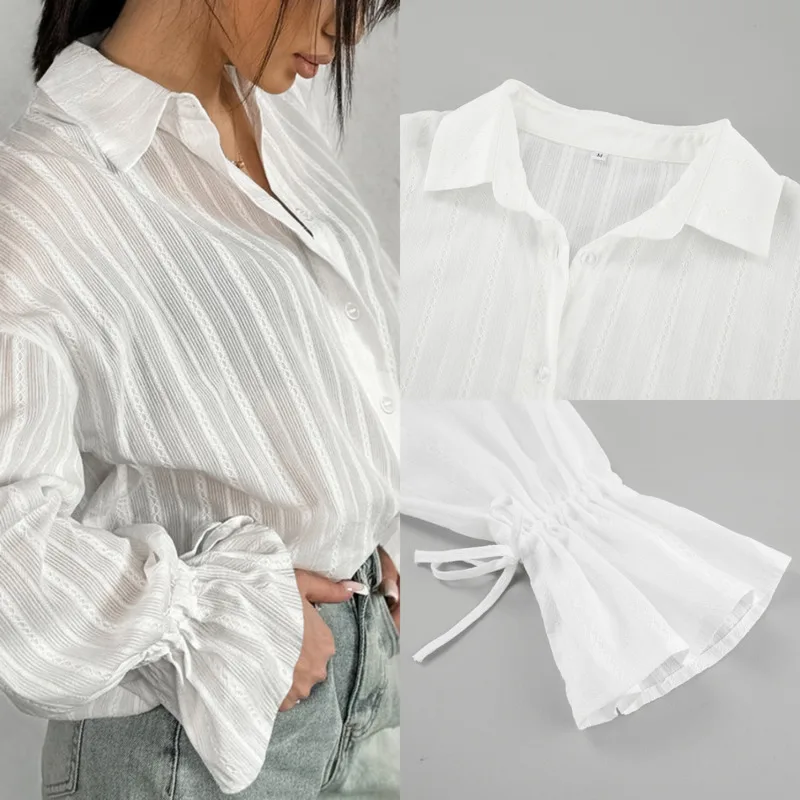 

Autumn Casual Women Blouse Loose Fit Cotton Shirt With Bell Sleeves Stylish Floral Design Elegant Long Sleeve Button Down Shirt