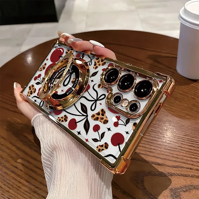 Cherry Bow Leopard Pattern Phone Case For Samsung Galaxy S23 Ultra S22 Plus S21 FE S20 Plating Four Corners Anti Drop Cover Capa