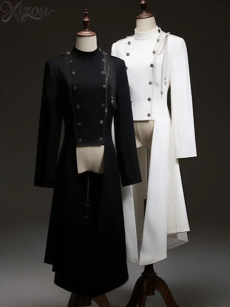 Autumn and Winter Women's Long Coats Gothic Prince Stand-up Collar Double-breasted Vertical Pattern Waist Unisex Lolita Jacket