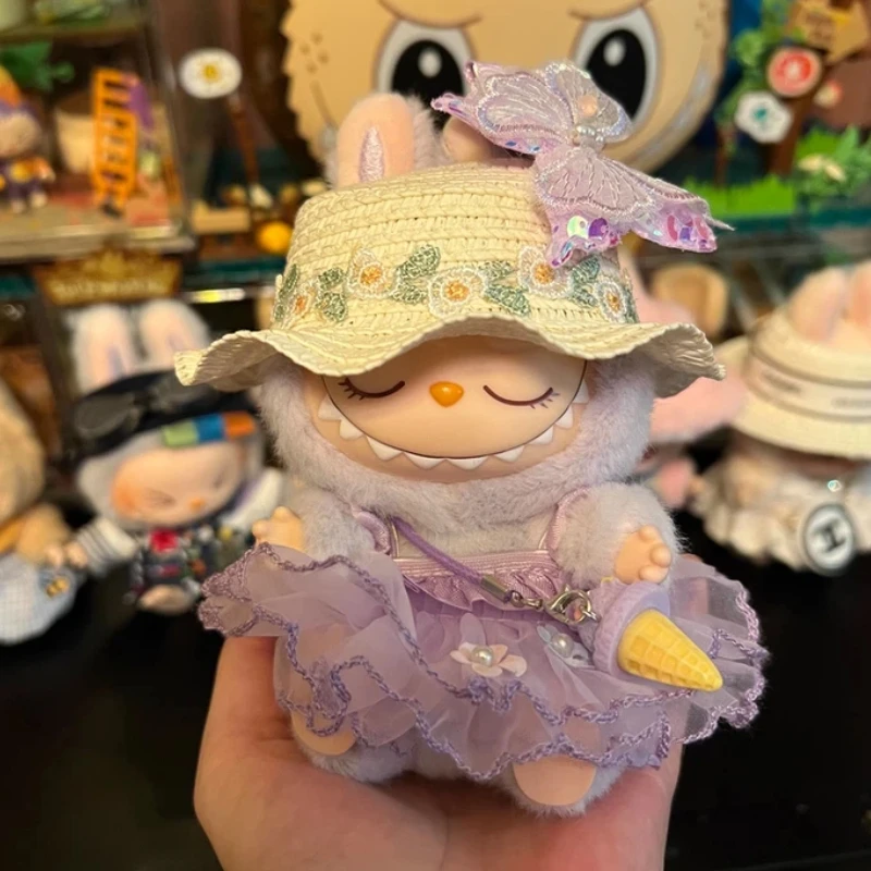 

17cm Baby Clothes LABUBU Sitting On The Second Generation Vinyl Doll Clothes Purple Butterfly Fairy Skirt Straw Hat Small Cone