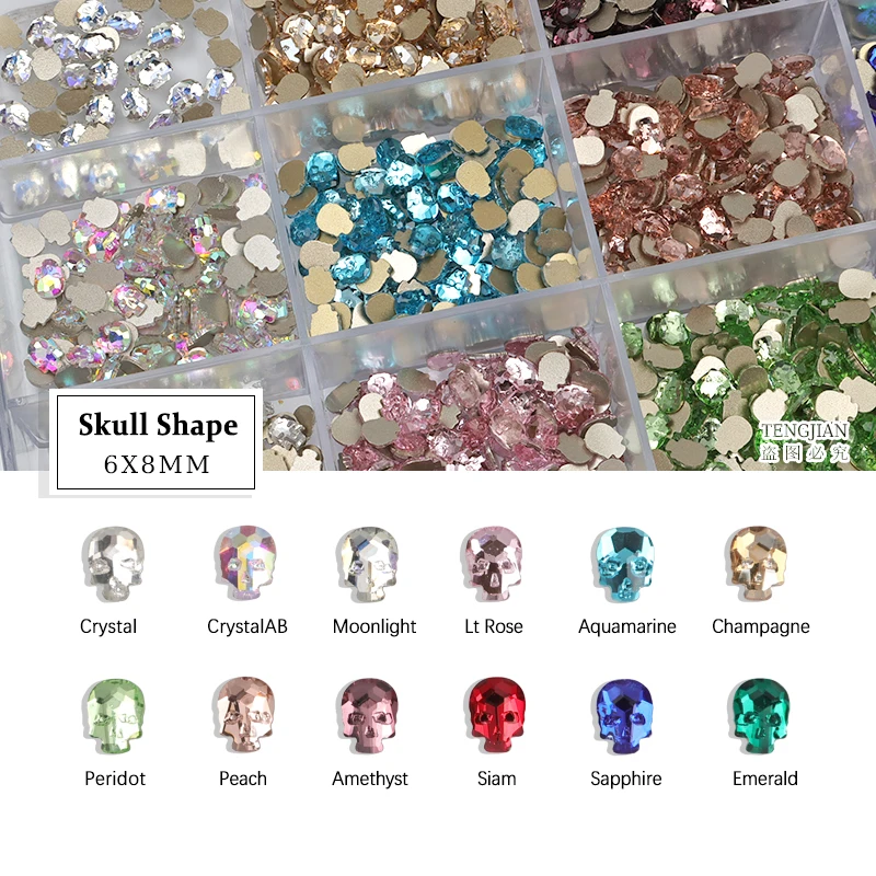 Shiny Skull Shape 6x8MM Flat Back Nail Art Rhinestone 12 Color Glass Stone DIY Manicure Decorations Mini Diamond 100Pcs