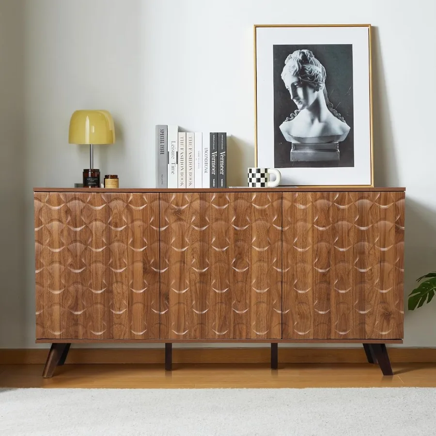 Modern Sideboard Buffet Cabinet with Scandivian Fluted Door 58'' Large Kitchen Storage Cabinet with Press Type Door Accent Cons