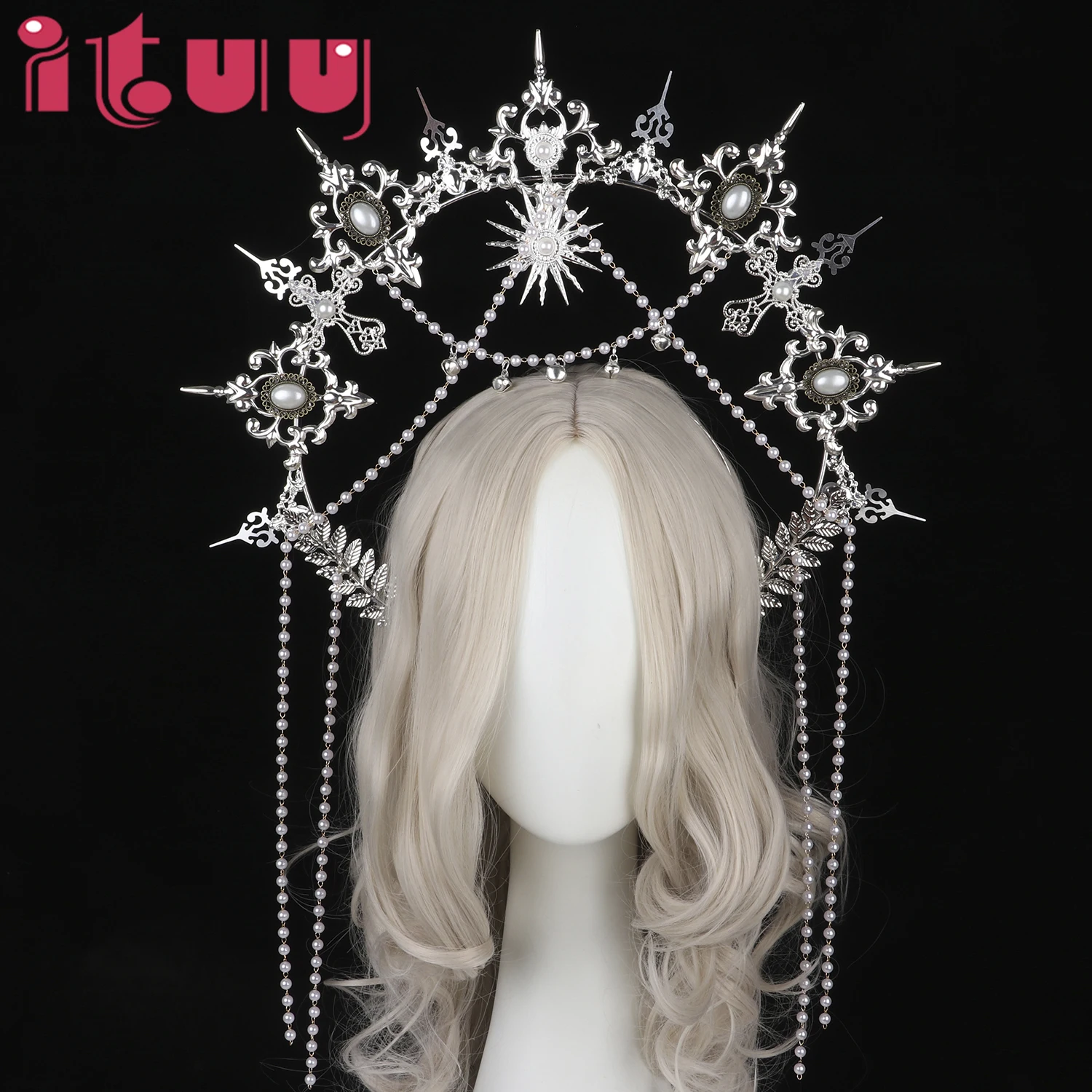 Silver Gothic KC Halo Headpiece มงกุฎ Lolita Sun เทพธิดา Queen Baroque Tiara ฮาโลวีน Headband อุปกรณ์เสริมผม