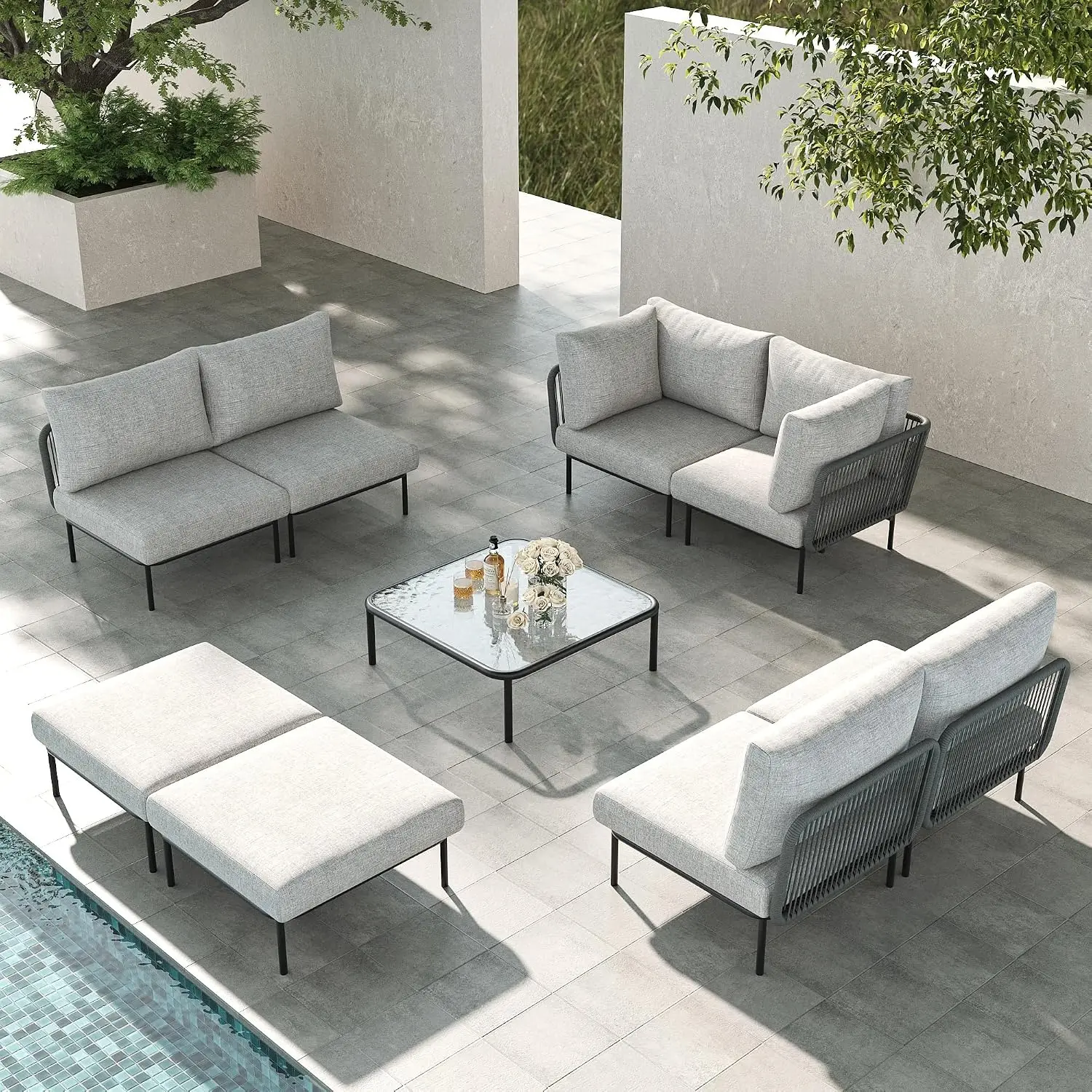 9 Pieces Aluminum Patio Furniture Set, Modern Modular Sectional Sofa with Coffee Table and Upgrade Thickness Cushion, Customized