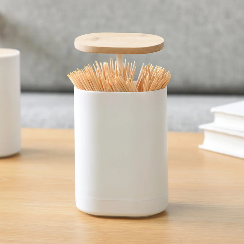 

2pcs Press-Type Toothpick Box Abs Bamboo Cover Toothpick Storage Bottle For Kitchen Dining Room Cotton Swab Holder Dispenser