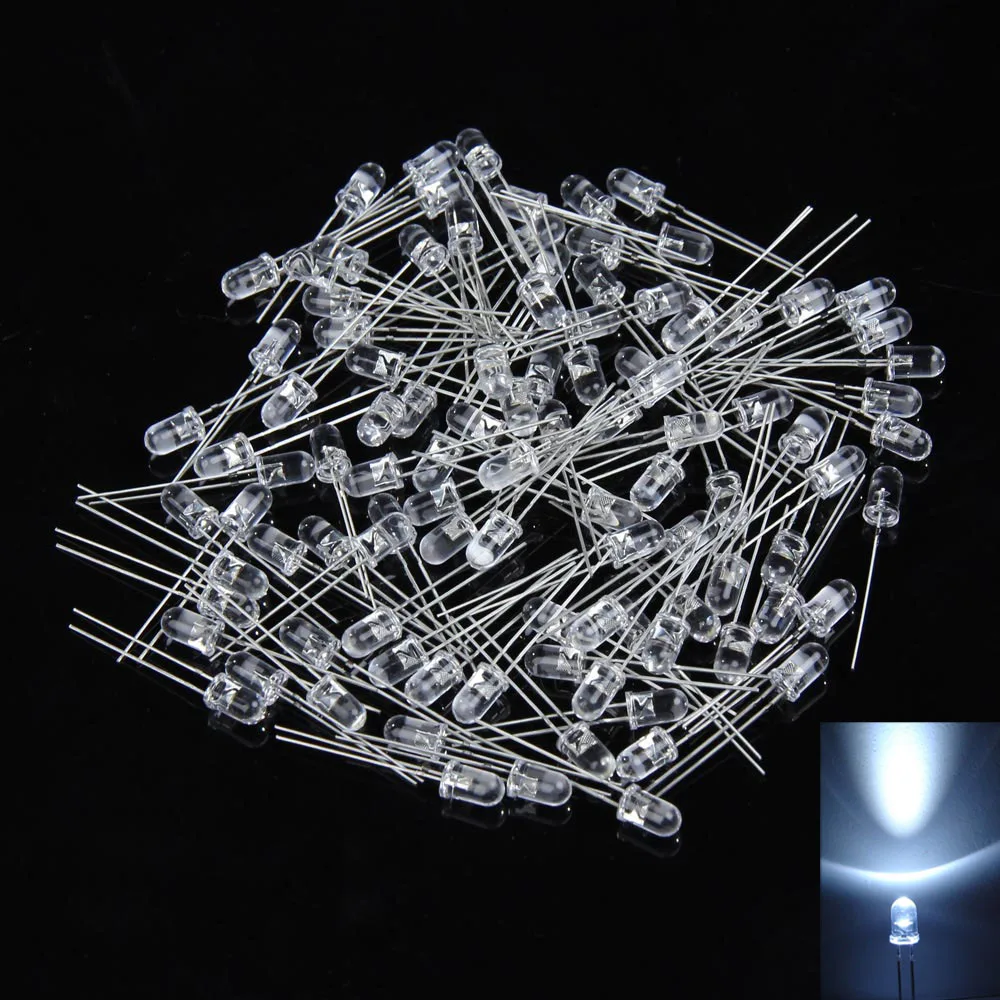 100Pcs 5mm Emitting Diodes Through Hole 15000MCD Round LED Light Ultra-Bright White Bulb Lamp Electronic Components Lighting Kit