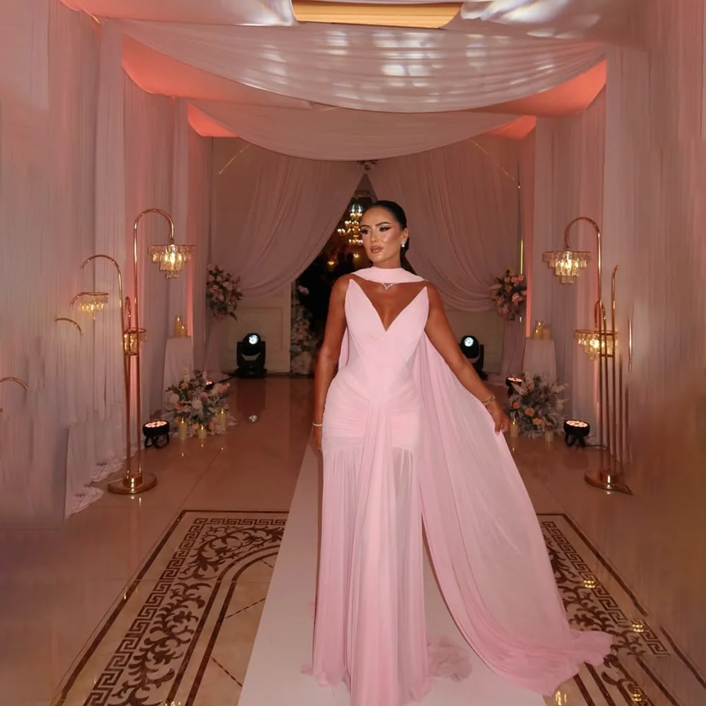 Vestido de noite rosa sexy com decote em v sem mangas plissado chiffon sereia vestidos de noite com ccarf vestidos de festa formais personalizados