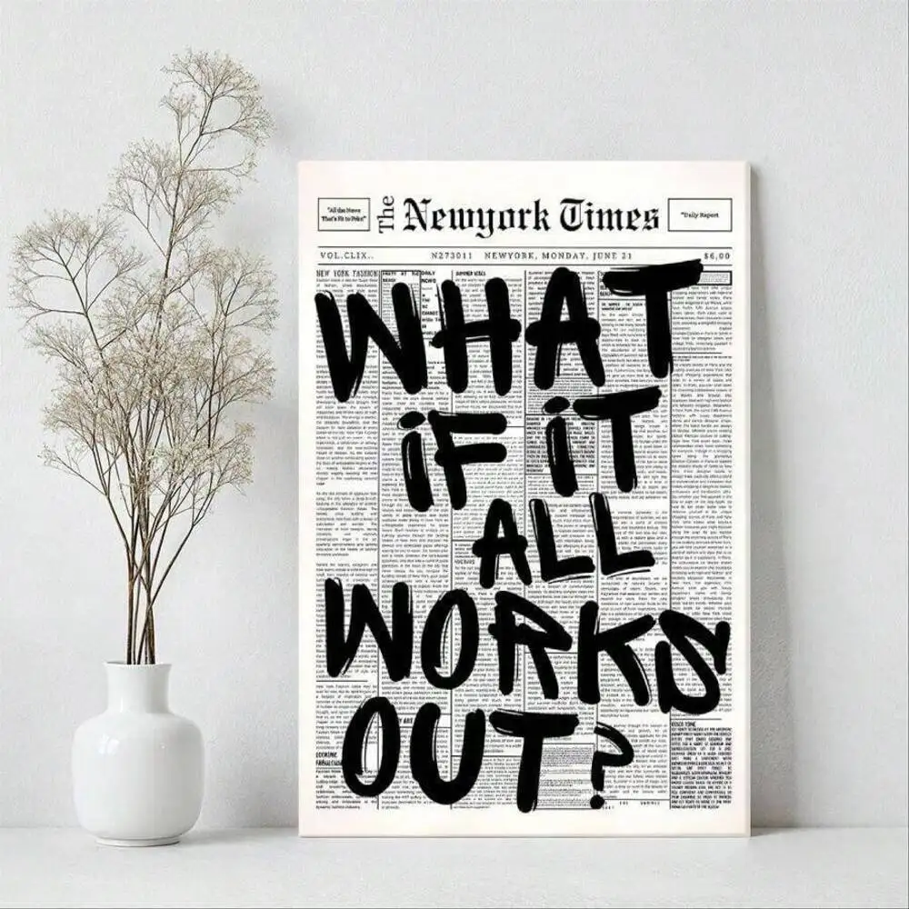 Canvas Wall Art, Black White Newspaper Inspirational Quote Print, Positive Affirmation Motivational Canvas Poster For Home Office Decor
