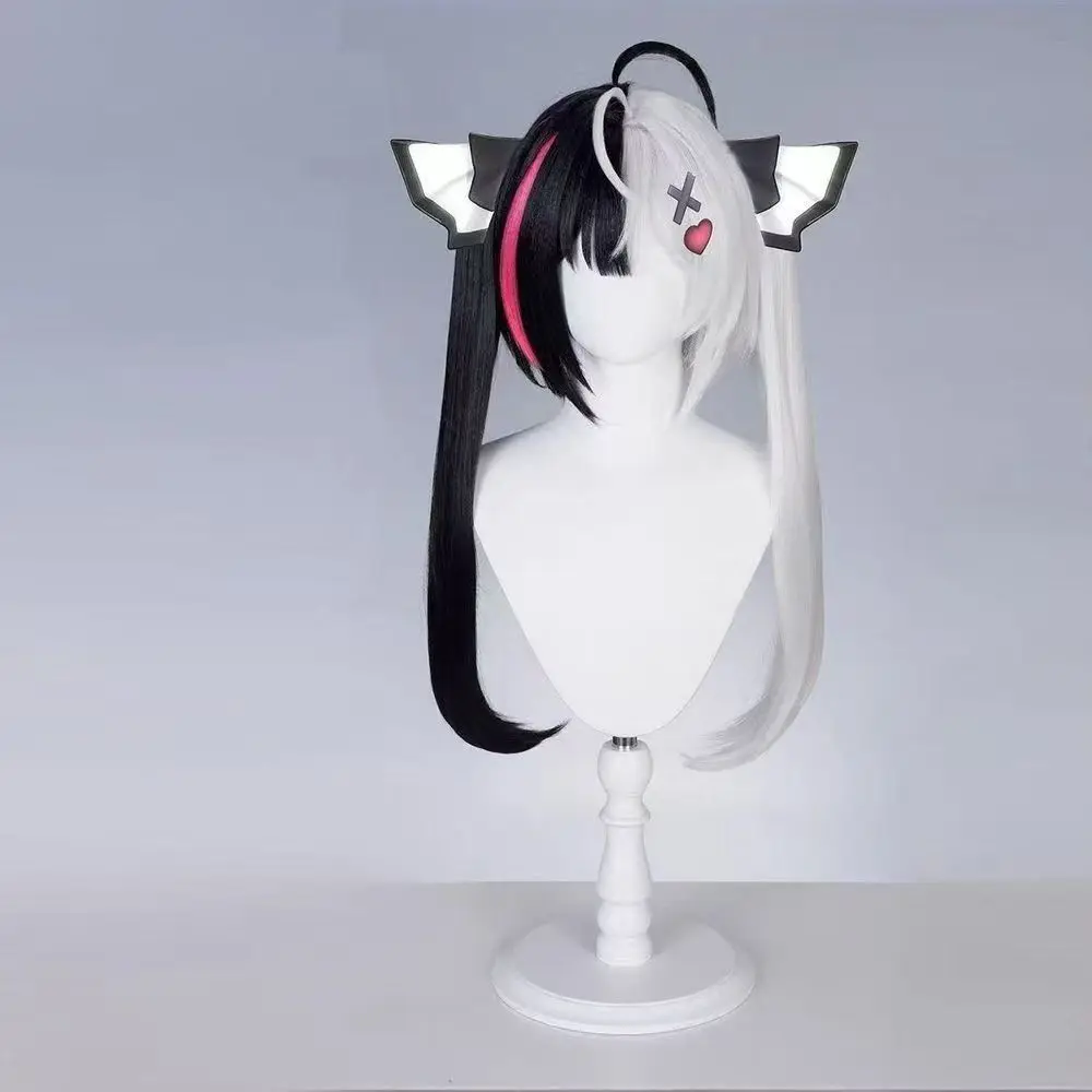 Lacrimosa Cos Wig Arknight Endfield Black‑White Split Color with Pink Streak Detachable Double Ponytail Heat Resistant Synthetic