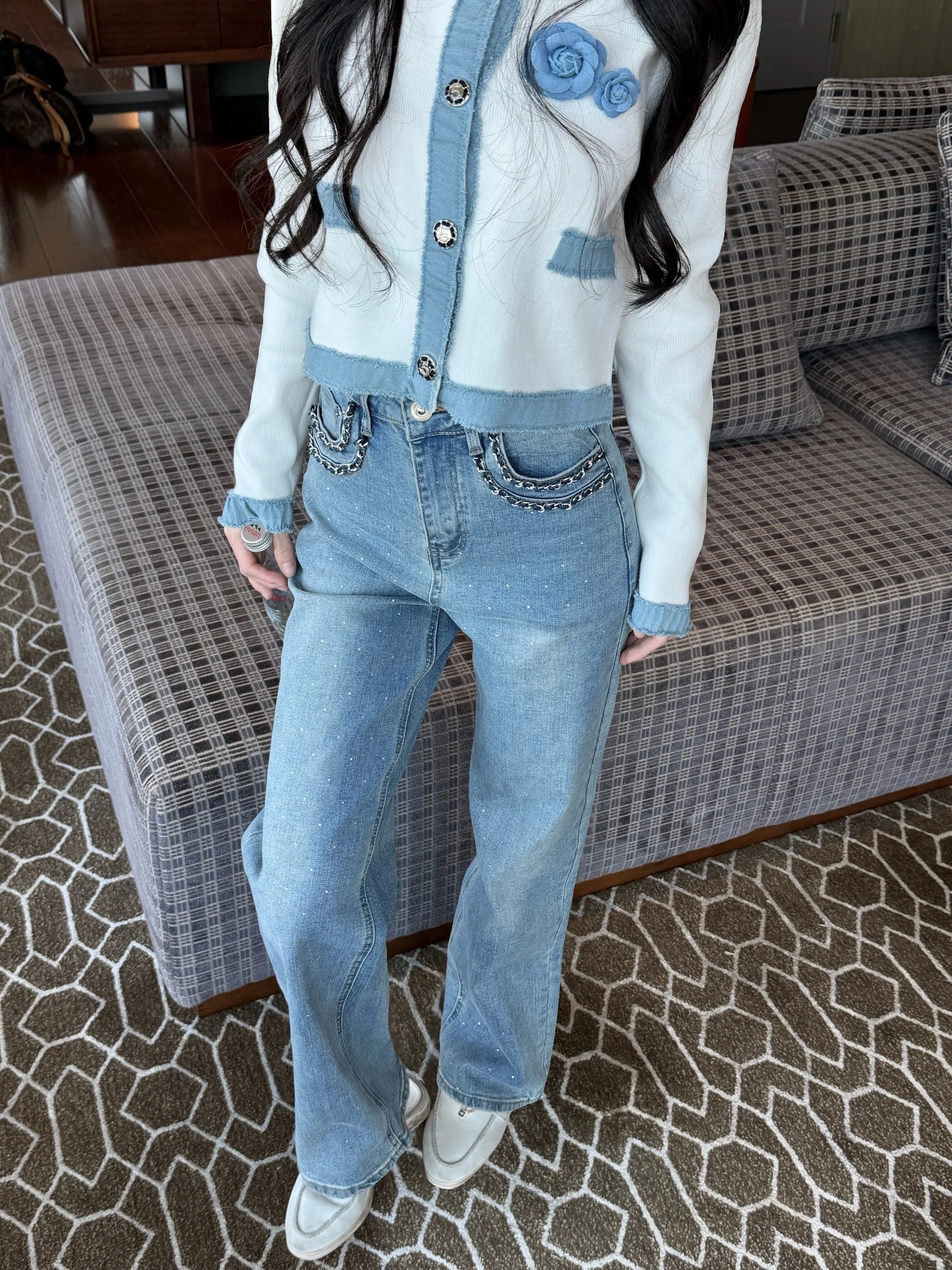 

Qiauuu Handmade Rhinestone Straight Leg Blue Jeans Women's Casual Washed Denim Long Pants All Seasons Natural Waist Button Cl...