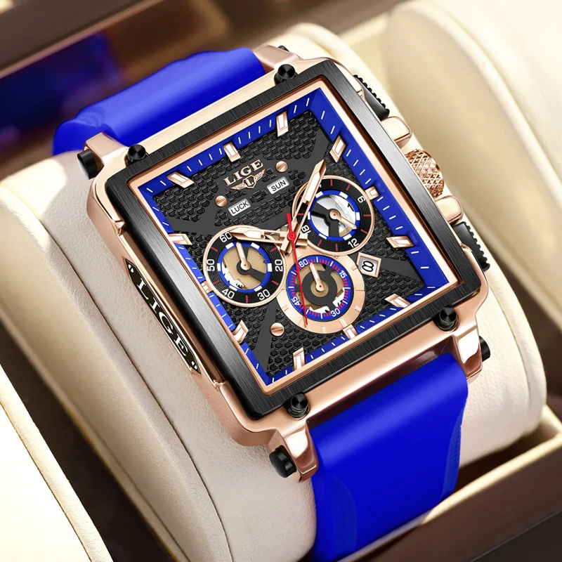 

Square Mens Watches LIGE Top Brand Luxury Sports Silicone Strap Man Wristwatches Chronograph Luminous Waterproof Watch for Men