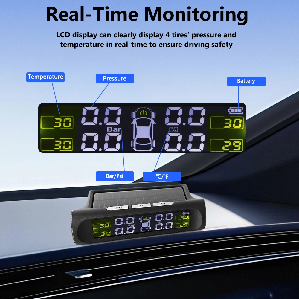 Sistema de monitoreo de presión de neumáticos con alarma de seguridad automática, carga Solar Universal, pantalla LCD Digital TPMS para coche inteligente