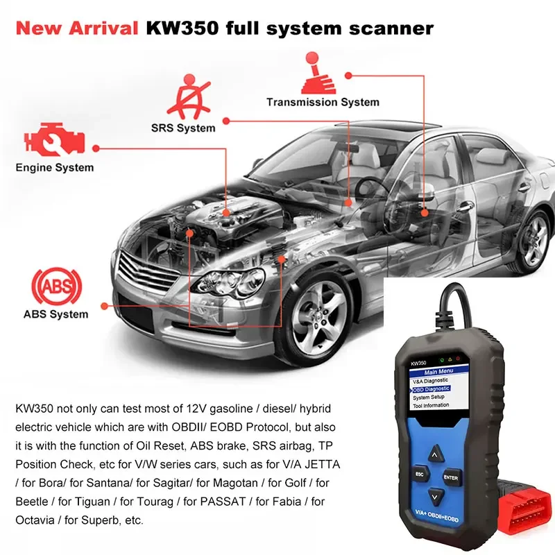 Best Quality KONNWEI KW350 OBD2 Car Code Reader Scanner For VAG Full System ABS Airbag Oil Light Reset EPB Auto Diagnostic Tools