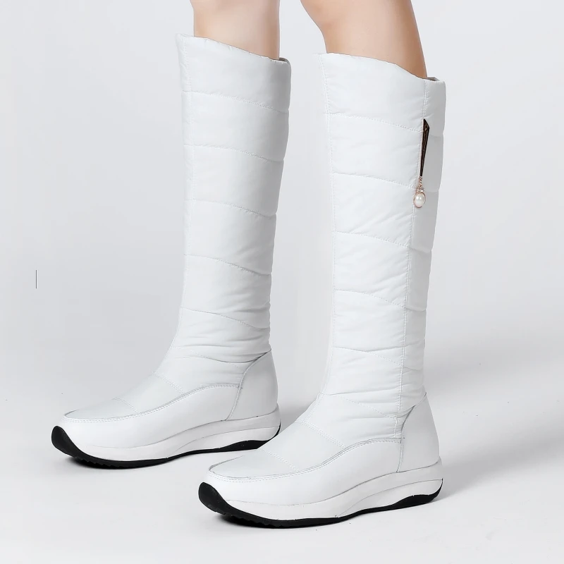 

Женские зимние высокие зимние сапоги на пуху, теплые меховые плюшевые сапоги до колена, черные, красные, белые, на танкетке, на молнии, женская непромокаемая обувь