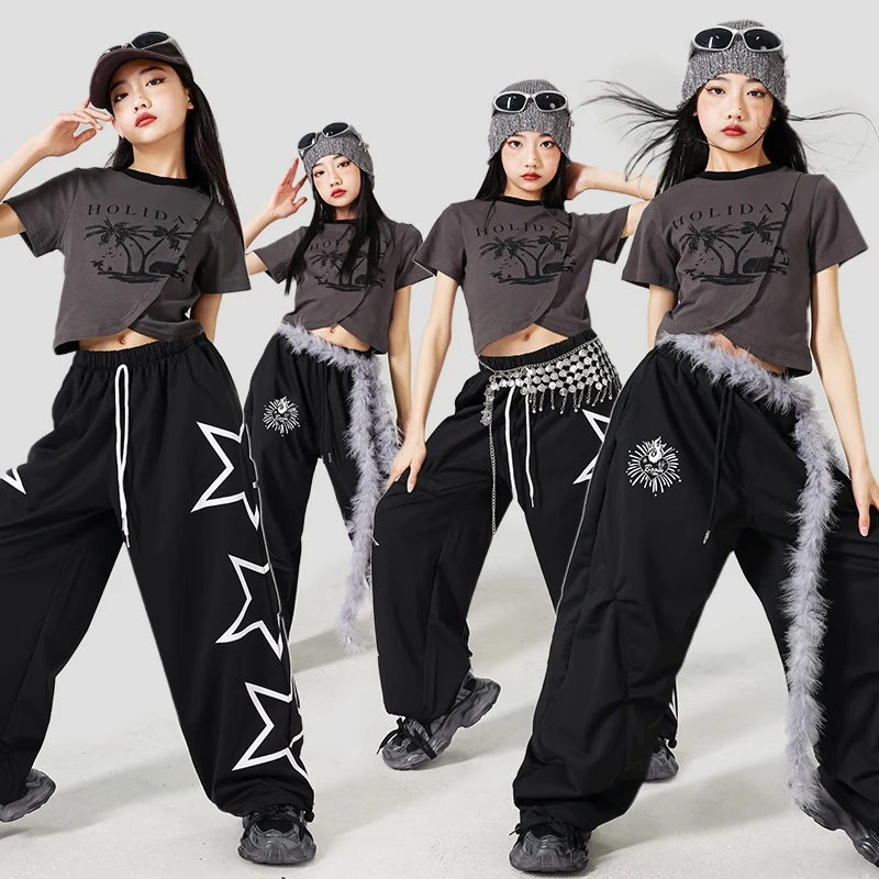 재즈 스트리트 댄스 복장 어린이 패션 의류 티셔츠 블랙 셔플 바지 Kpop 무대 의상 소녀 도시 댄스 의류 1793