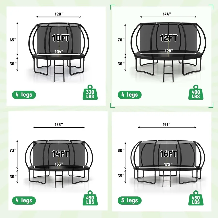 10FT 12FT 14FT 16FT الترامبولين في الهواء الطلق مع شبكة الضميمة السلامة سميكة وسادة الربيع ASTM المعتمدة الترفيهية الترامبولين ل
