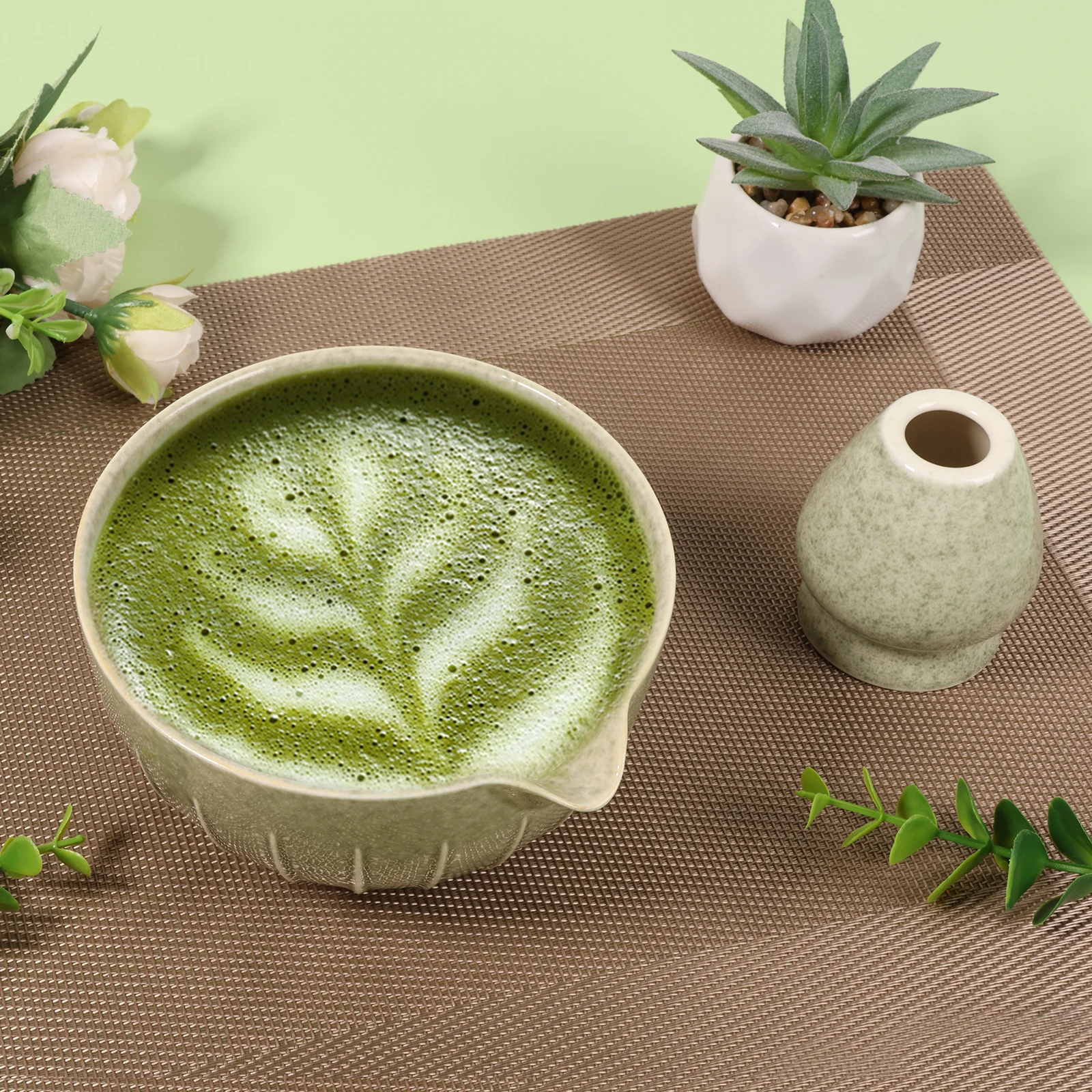 

500ML 2PCS Matcha Whisk Set with Spout for Tea Lover Premium Ceramic Matcha Bowl and Whisk Holder Kit Heat Resistant for Home