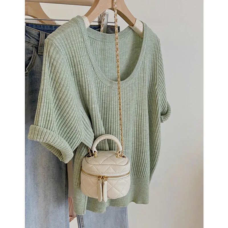 

Летний модный простой пуловер ort Sve, однотонный повседневный вязаный свободный шелковый футболка, женский свободный базовый топ