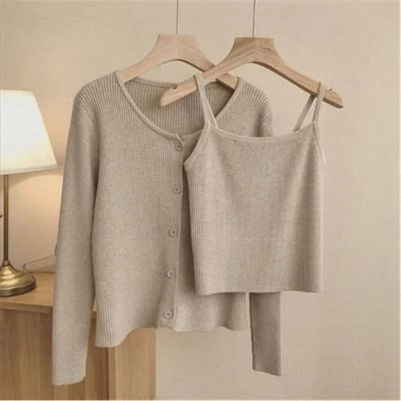 Korean Two-piece Suits Casual Sling Camisole Knitted Cardigan Jacket 2021 Spring Slim Fit Fashion Solid 2 Piece Sets Female Q378