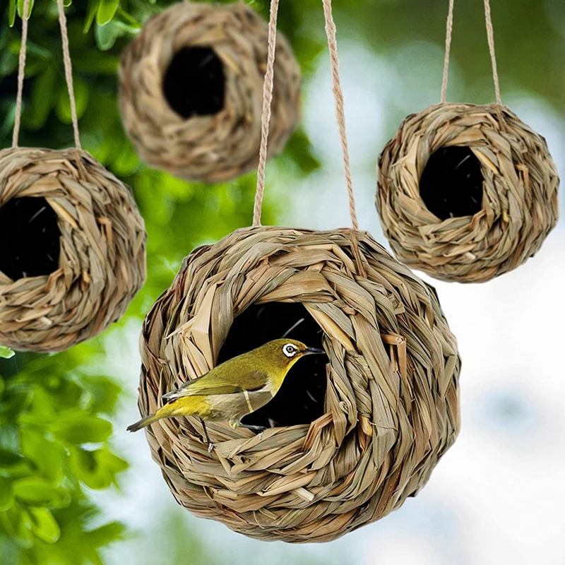 4Pack Hanging Bird Nest House For Outside,Hand Woven Made Of Natural Grass 12 X 12Cm For Gardens,Balconies,Tree Trunks