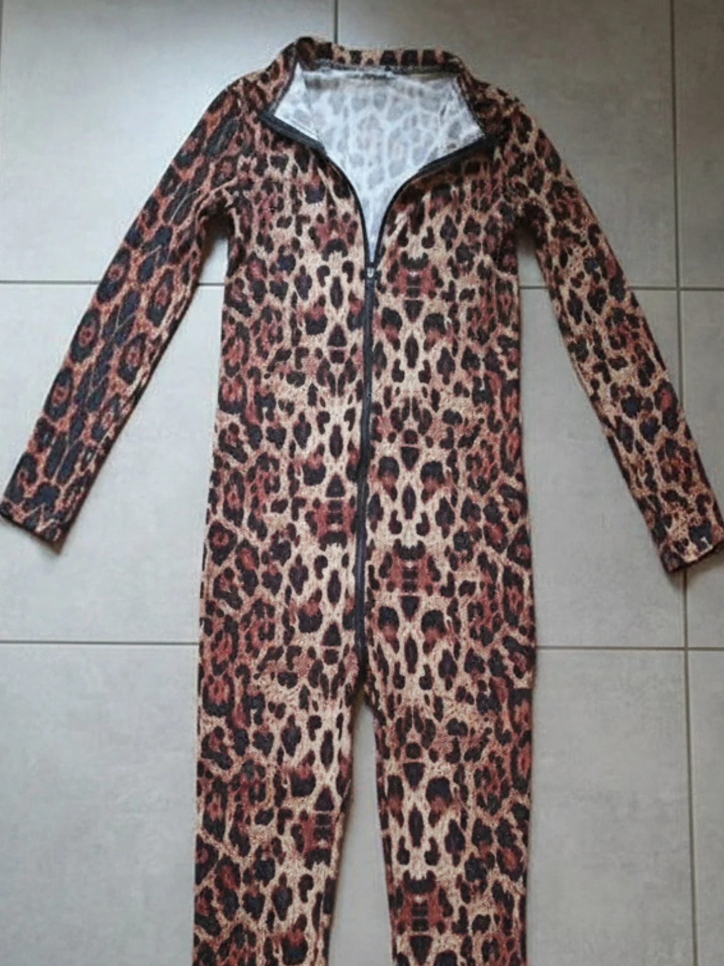 고탄력 롱 슬리브 레오파드 프린트 섹시 아이스 실크 스포츠웨어 얇은 더블 지퍼 요가 바디수트 타이트 핏 레깅스