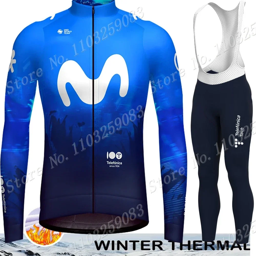 Winter M Cycling Jersey Pro Team 2024 Set Thermal Fleece Blue Spain Clothing Long Sleeve Road Pants Bib Bike Suit MTB Maillot