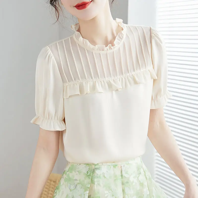 Elegant Solid Color Spliced Folds Ruffles Blouse Women\'s Clothing 2023 Summer New Casual Pullovers Puff Sleeve Office Lady Shirt