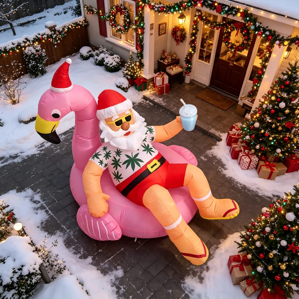 8.2FT Christmas Blow Ups Santa on Flamingo, Hawaiian Christmas with Built-in LED Lights, Christmas Inflatables, Summer Inflatables Outdoor Decorations for Garden, Lawn, Patio, Yard and Holiday Party Display