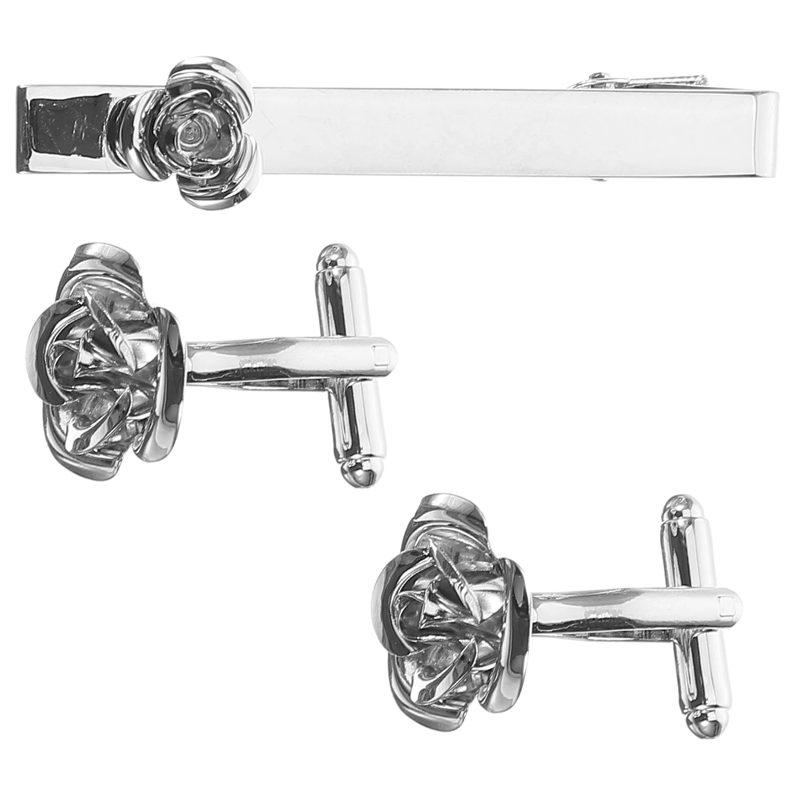 

Rose Cufflinks Tie Clip Set Bright Silver Pocket Square Decor For Men Wedding Cuff Links And Clips Sturdy Material