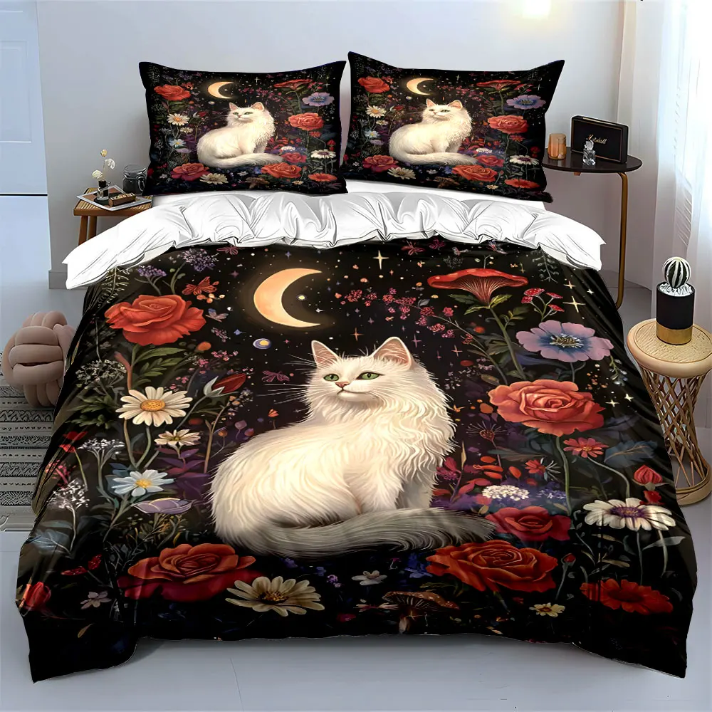 White Cat with Flowers Moonlight and Stars Bedding Set for Kids Luxury Gift 3pcs Digital Print Comforter Set Soft Comfortable
