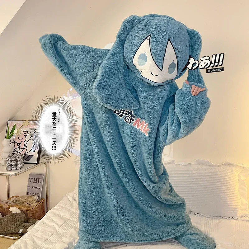 Hatsune Miku Coral Fleece Sleepwear Pajamas for Women Winter Thick Soft Plush Bathrobe Cosplay Costumes Hooded Long Nightgown