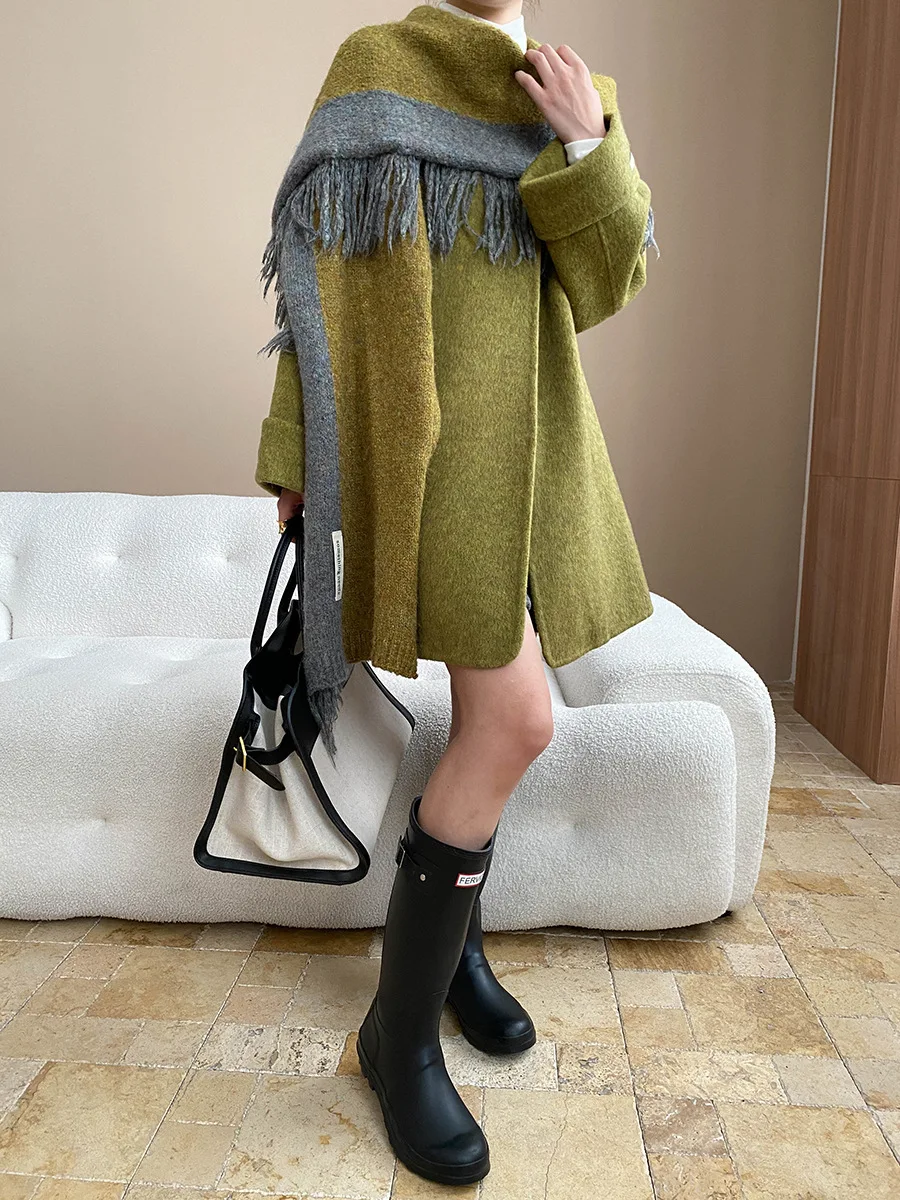 Winter women's casual solid color lazy relaxed tassel scarf wool double-sided woolen coat