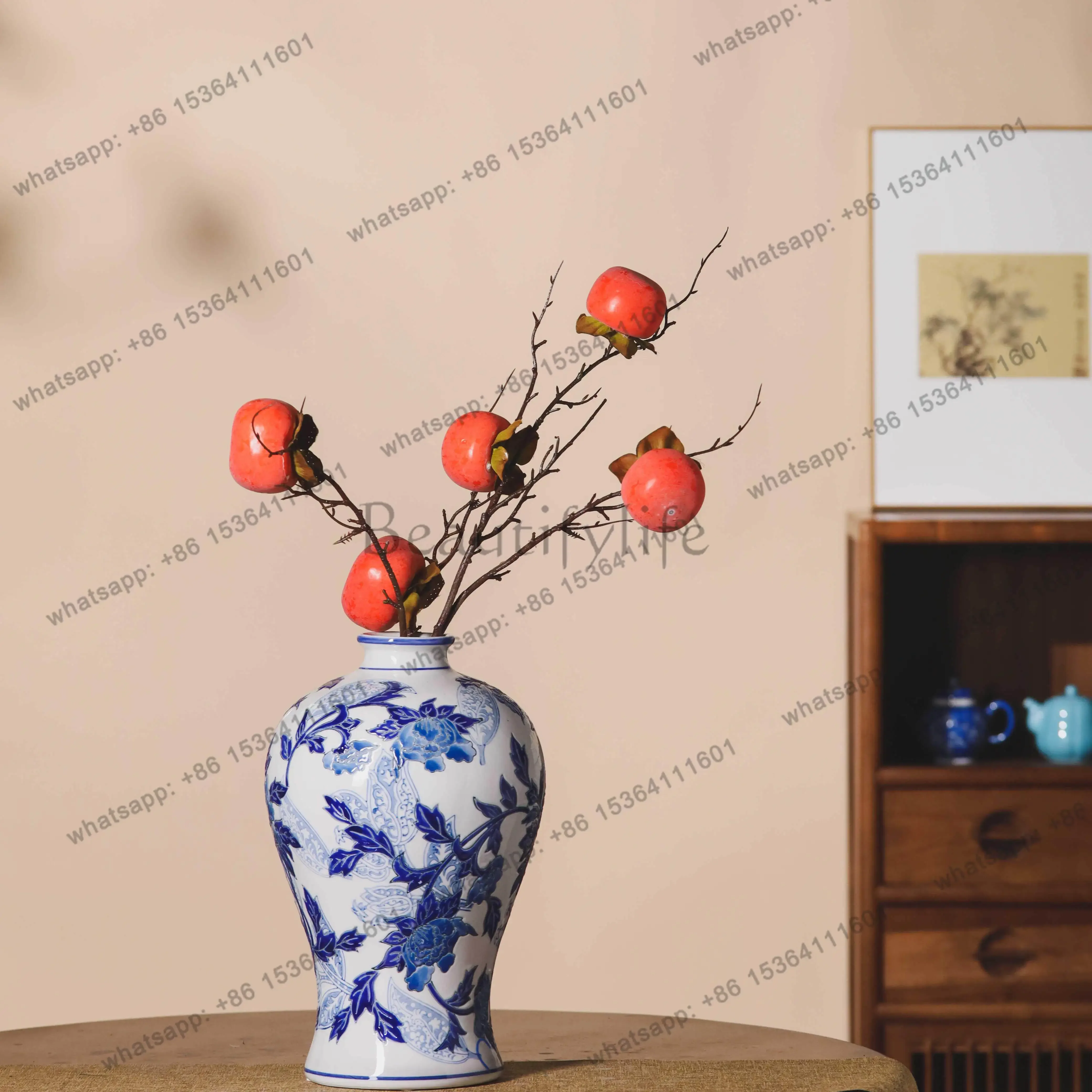 D14Ceramic Vase, Peony Light Luxury Plum Hand-painted Relief Blue and White Porcelain Water-nourishing Decorative Ornament
