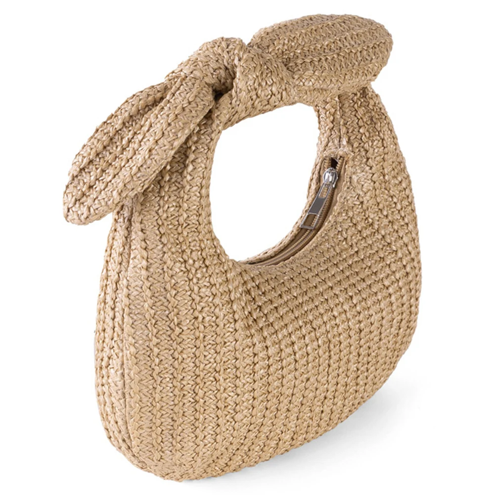

Women Knotted Straw Clutch Purse with Bow Dumpling Evening Clutch Zipper Closure Half Moon Handbag for Formal Party Wedding