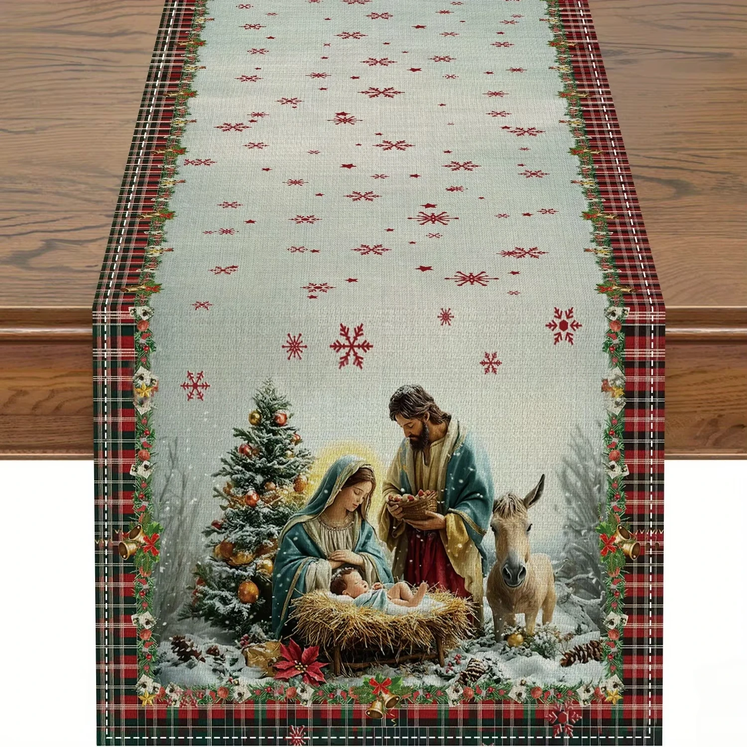 Christmas Table Runner | Nativity Scene, Snowflakes & Red Berries Design | Festive Holiday Decor for Home & Kitchen