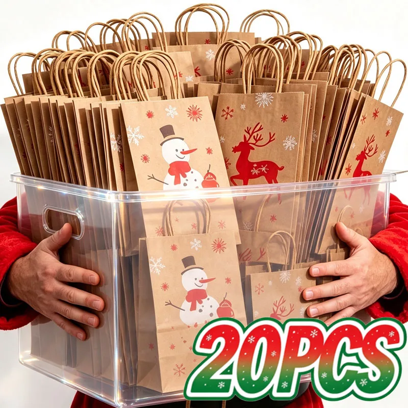 Christmas Kraft Paper Bag Santa Claus Snowflake Elk Cartoon Pattern Xmas Packaging Supplies New Year Party Gift Bags