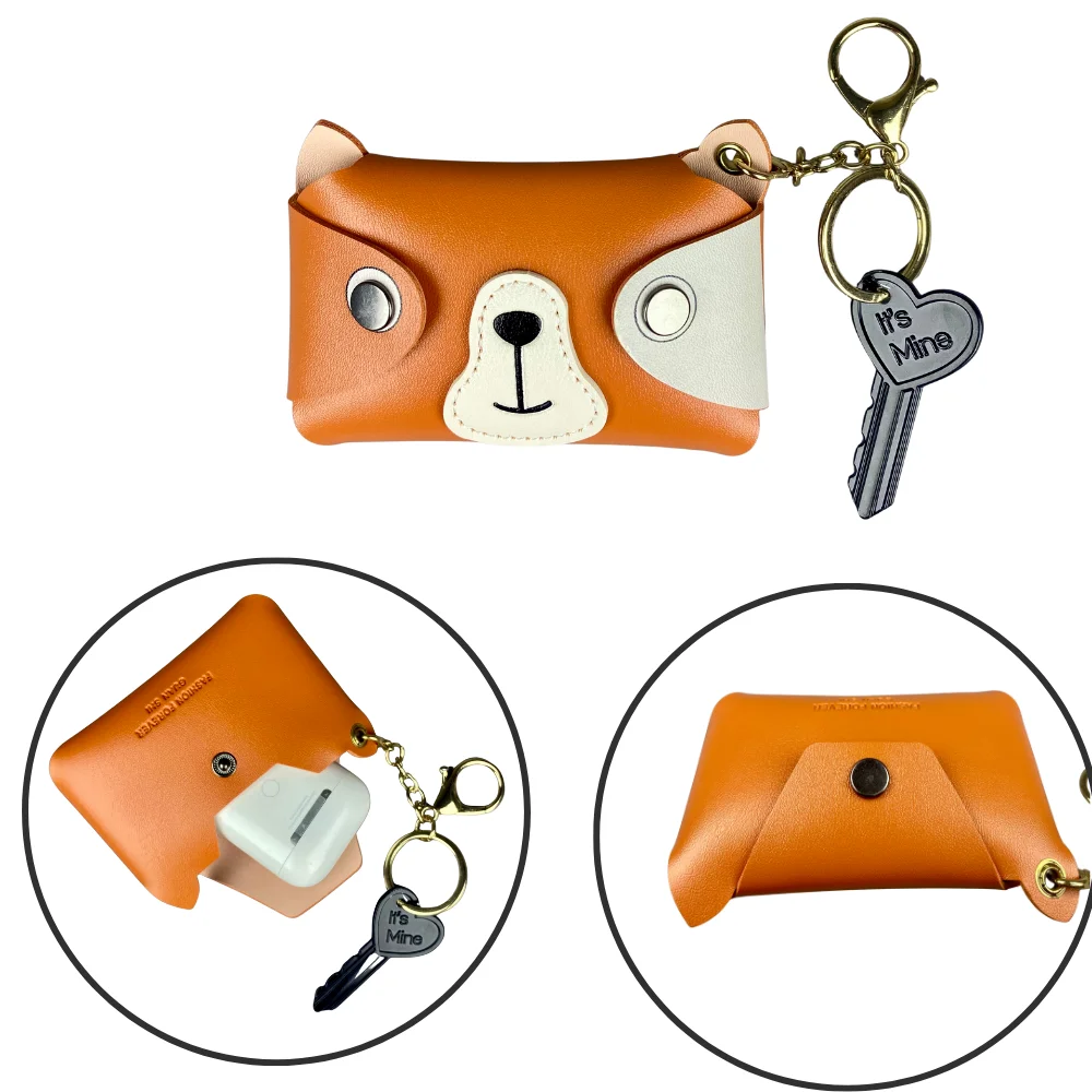 Tarjetero con llavero: lindo animal (cachorro, gatito, cerdito), mini bolsa de cuero PU para tarjetas, auriculares, monedas y lápiz labial, dije de bolso