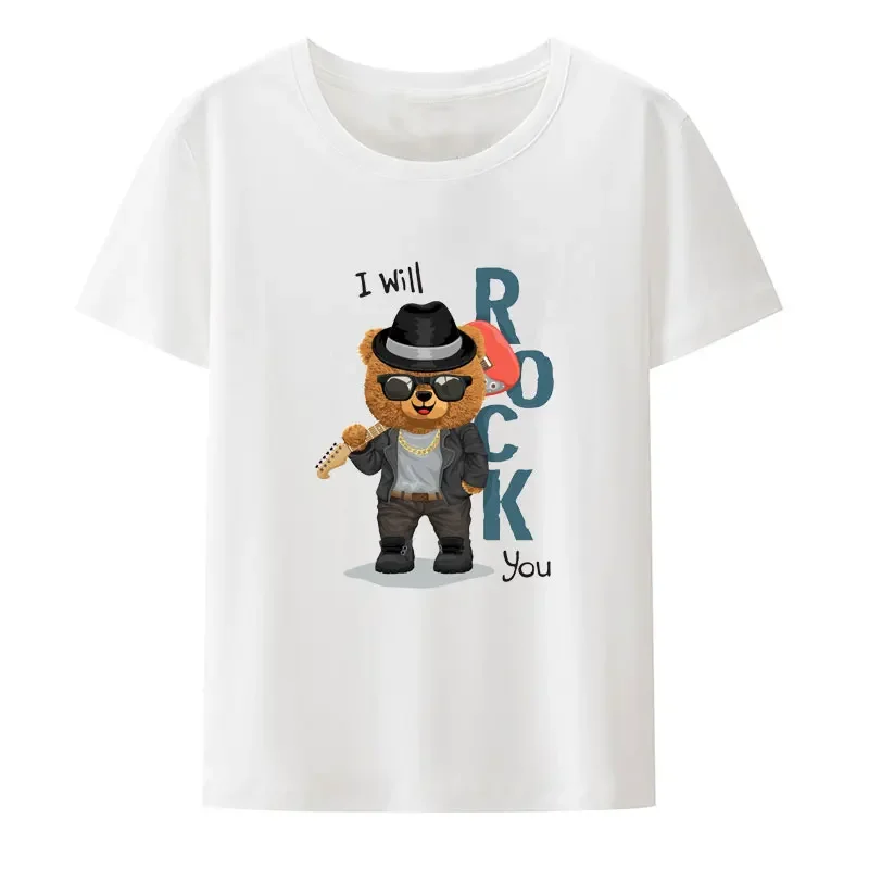 Creative Cool Bear In Rocker Costume Carrying Electric Guitar on Its Shoulder Print T Shirt Men Women Hip-hop Hipster Streetwear