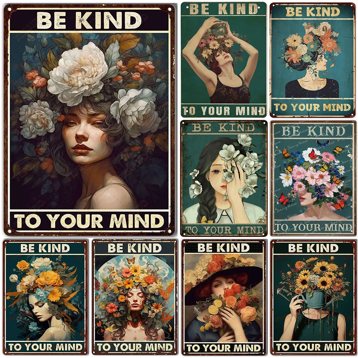 Be Kind To your Mind Girls Metal Tin Signs Flowers Posters Plate Wall Decor for Home Garden Bars Cafe Clubs Retro Posters Plaque